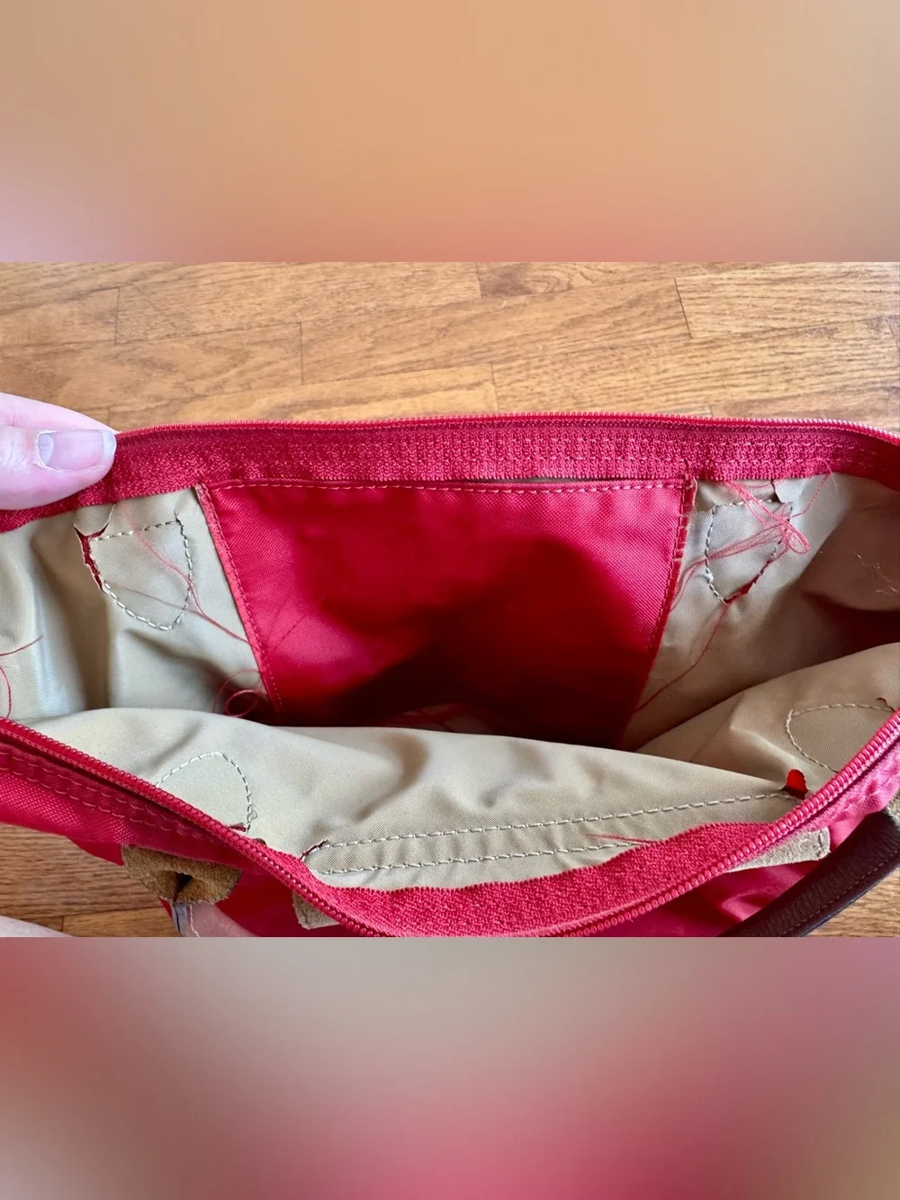 Longchamp Red Le Pliage Tote with Brown Leather Trim